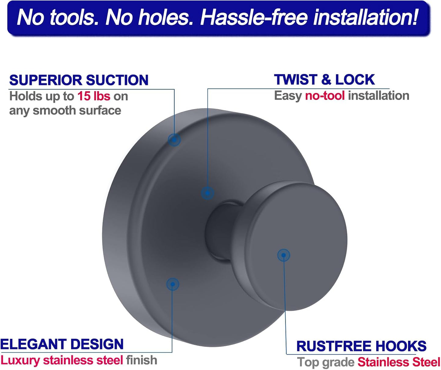 Suction Cup Hooks for Shower, Removable Towel Hooks for Bathroom Window Glass Door Wall, Bath Robe Looafh Hook for Hanging - 2 Pack, Grey