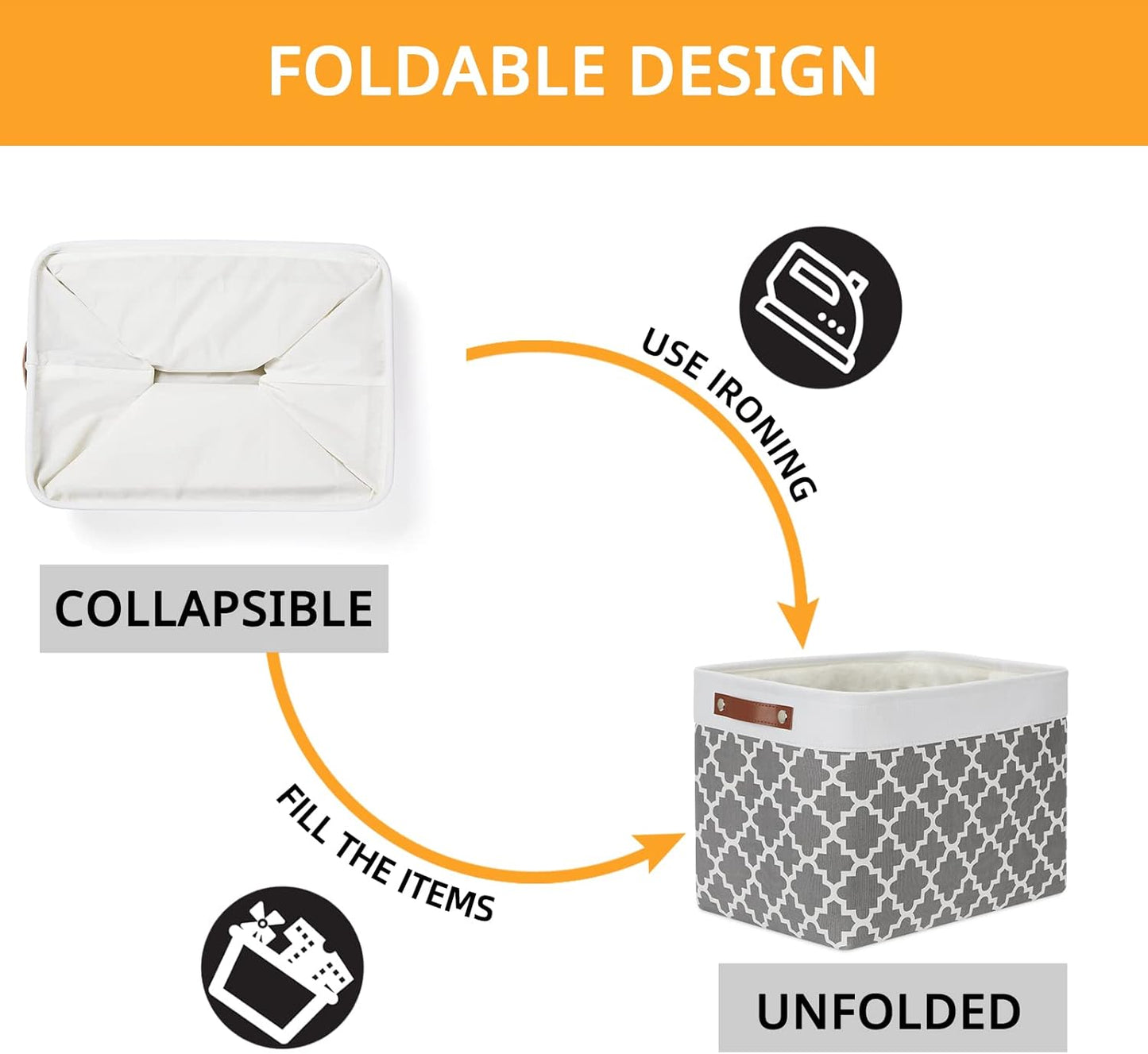 DULLEMELO Foldable Nursery Storage Baskets Canvas Storage Bins for Organizing 2 Pack Collapsible Home Organizer With Leather Handles (White&Lattice Grey)