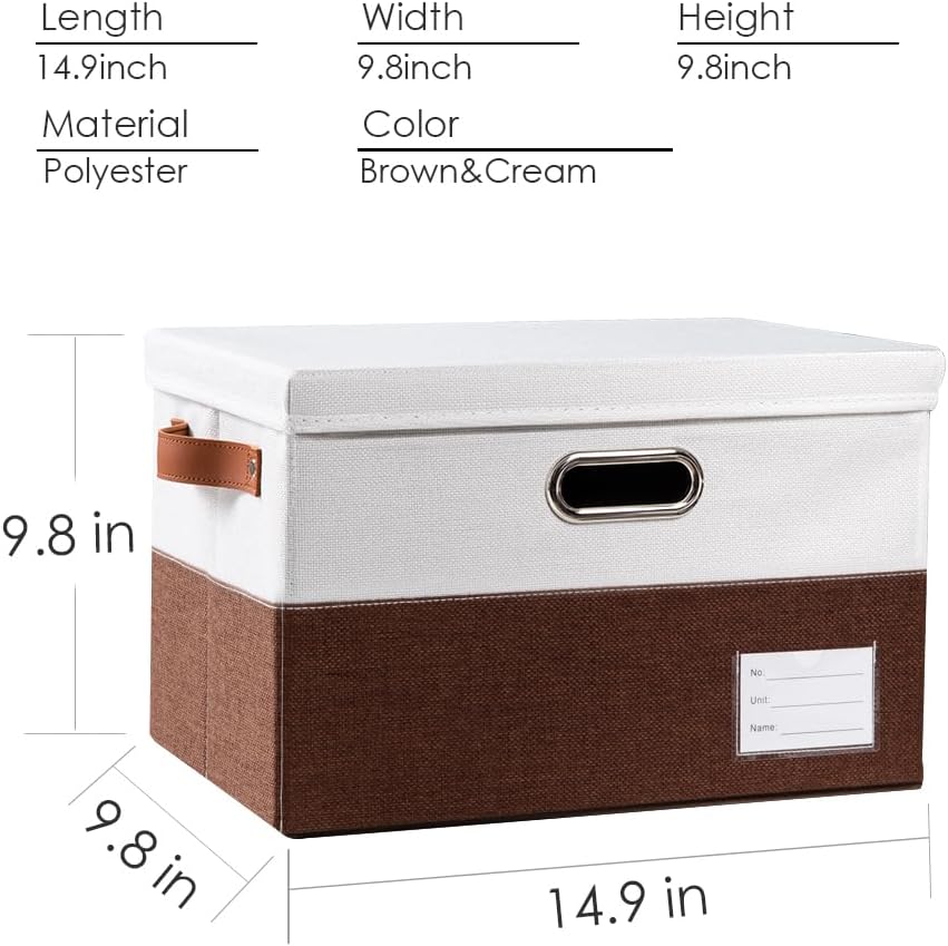 PRANDOM Foldable Storage Bins with Lids [3-Pack] Fabric Collapsible Storage Boxes Baskets Cubes Containers with Handles for Closet Living Room Bedroom (Brown & White 14.9x9.8x9.8'')