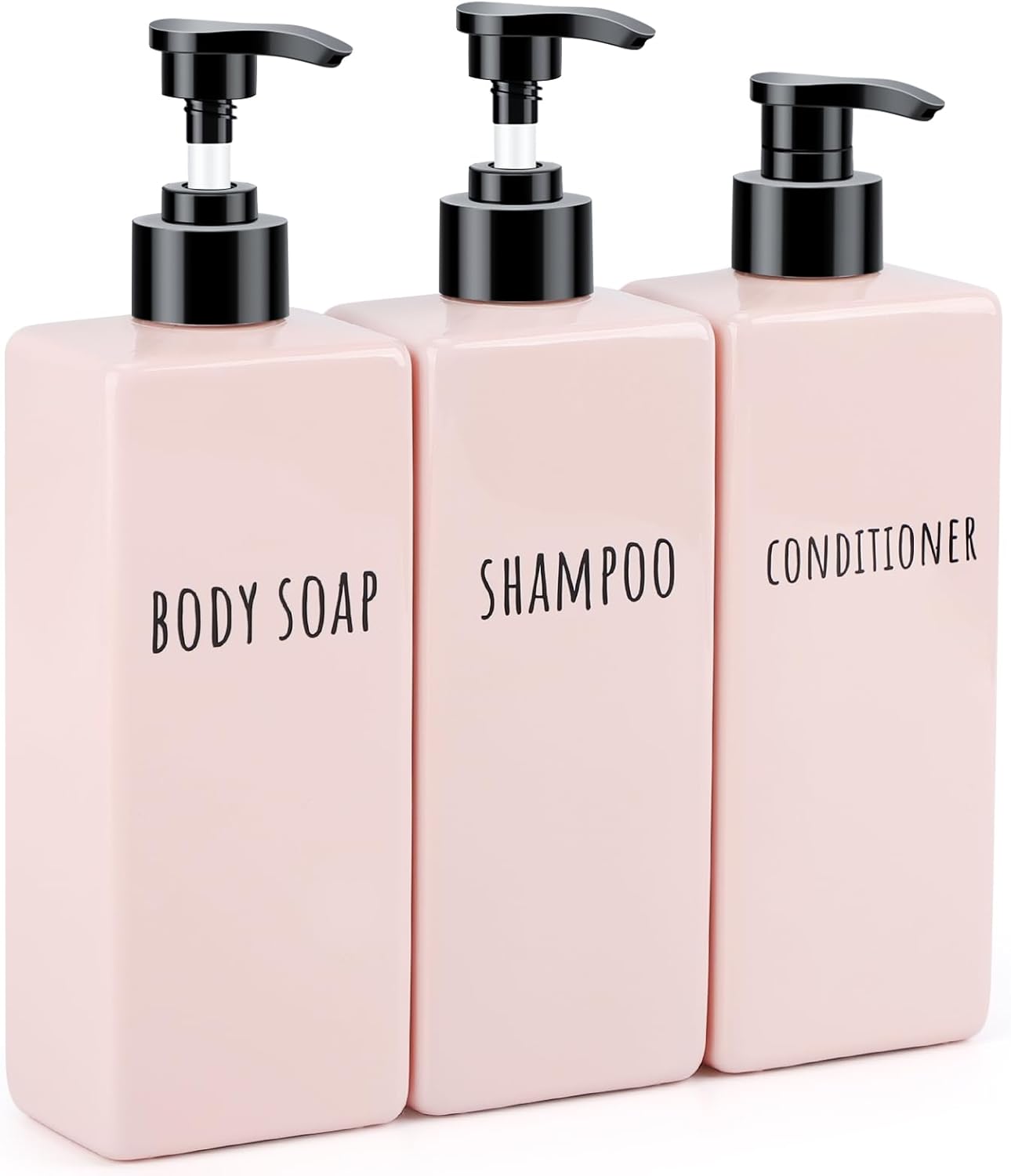 Segbeauty Refillable Shampoo and Conditioner Bottles, 3pcs 16.9oz Square Plastic Bathroom Soap Dispenser Set, 500ml Empty Shower Bottles Lotion Dispenser Press Pump Bottle for Modern Home Decor Pink