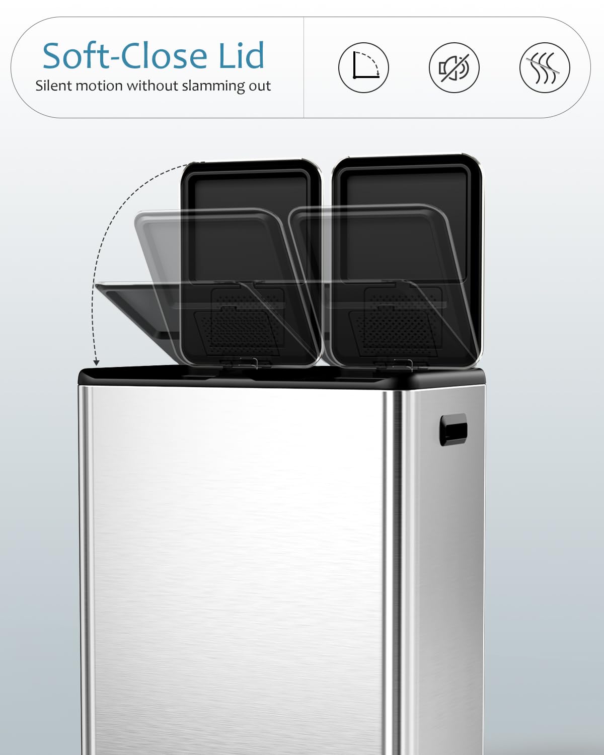 16 Gal (2 x 30 L) Dual Trash Can, Stainless Steel Kitchen Garbage Bin, Recycle Dustbin with Odor Control Box, Soft-Close Lid, Inner Buckets, Side Handle, Step Pedal, for Home Office