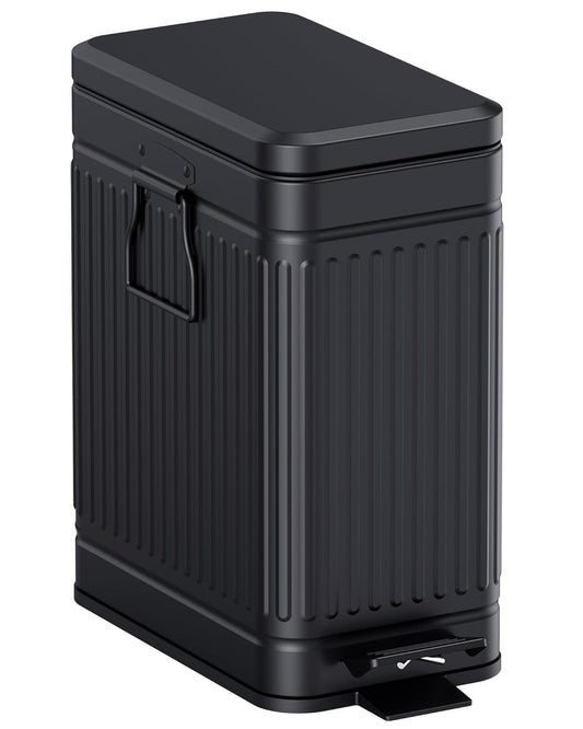 Small Trash Can with Lid Soft Close-10L/2.6 Gal Stainless Steel Outdoor Dog Poop Garbage Can-Metal Waste Bins with Pedal for Bathroom Bedroom Office-Black
