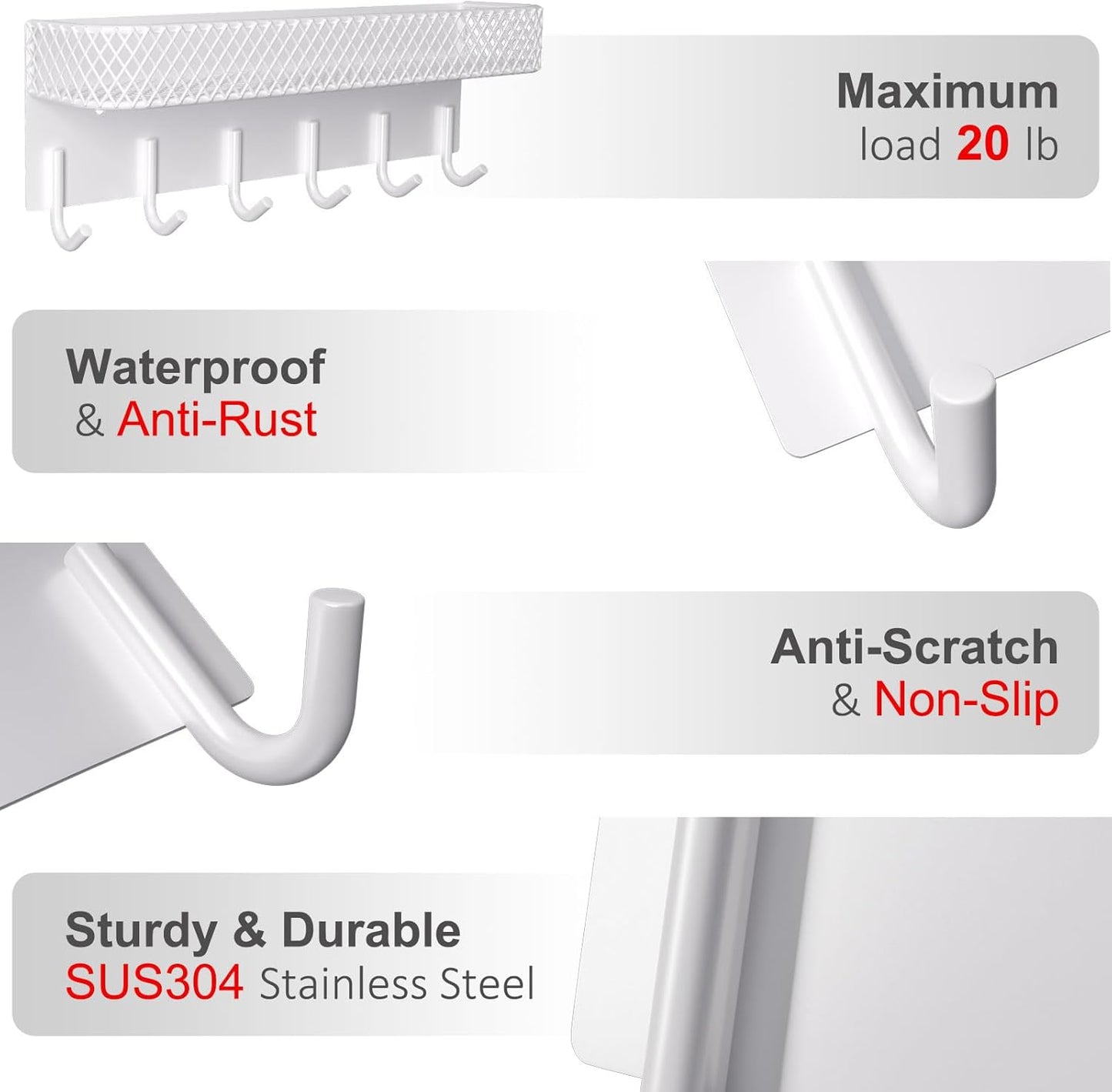 Key Holder for Wall – Decorative Stainless Steel Key Hanger with 6 Hooks for Hats, Bags, Leashes – Mail Holder Key Rack with Mounting Hardware and Guide (9.65” x 2.8” x 2.2”) (White)