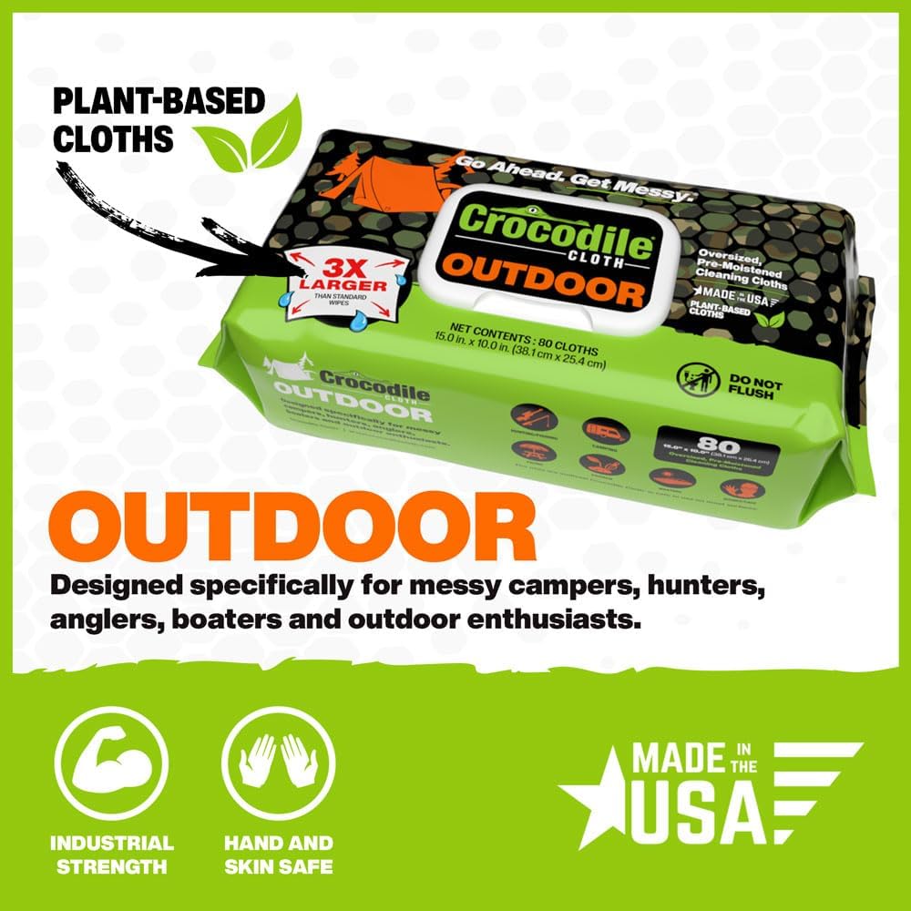 Crocodile Cloth Outdoor Cleaning Wipes – 8 Packs/640 Total Count Plant-Based Cloths (15"x10"), Skin Safe, Pre-Moistened, Aloe & Vitamin E Infused, Large, Absorbent, Multi-Surface Disposable Wipes