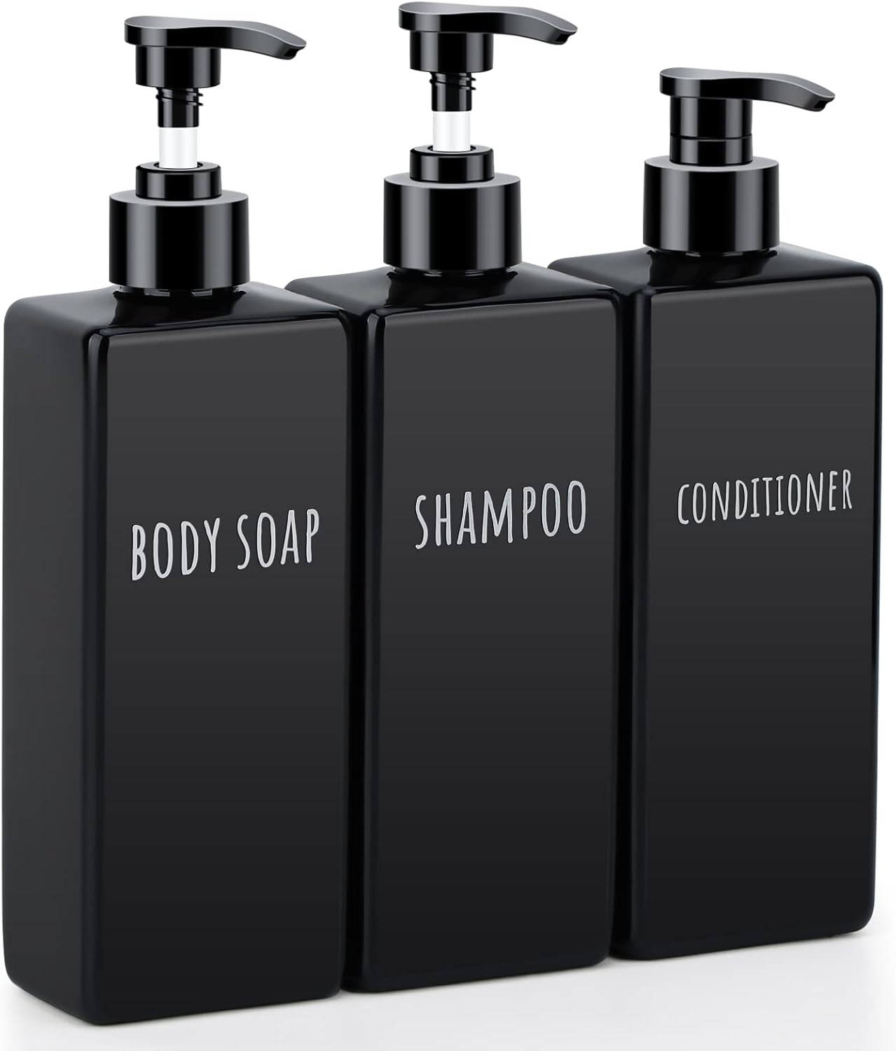 Segbeauty Plastic Square Soap Dispenser Black, 3pcs 16.9oz Refillable Shampoo and Conditioner Bottles, 500ml Empty Reusable Pump Bottle Bathroom Shower Dispenser Set for Body Wash Liquid Gel Lotion