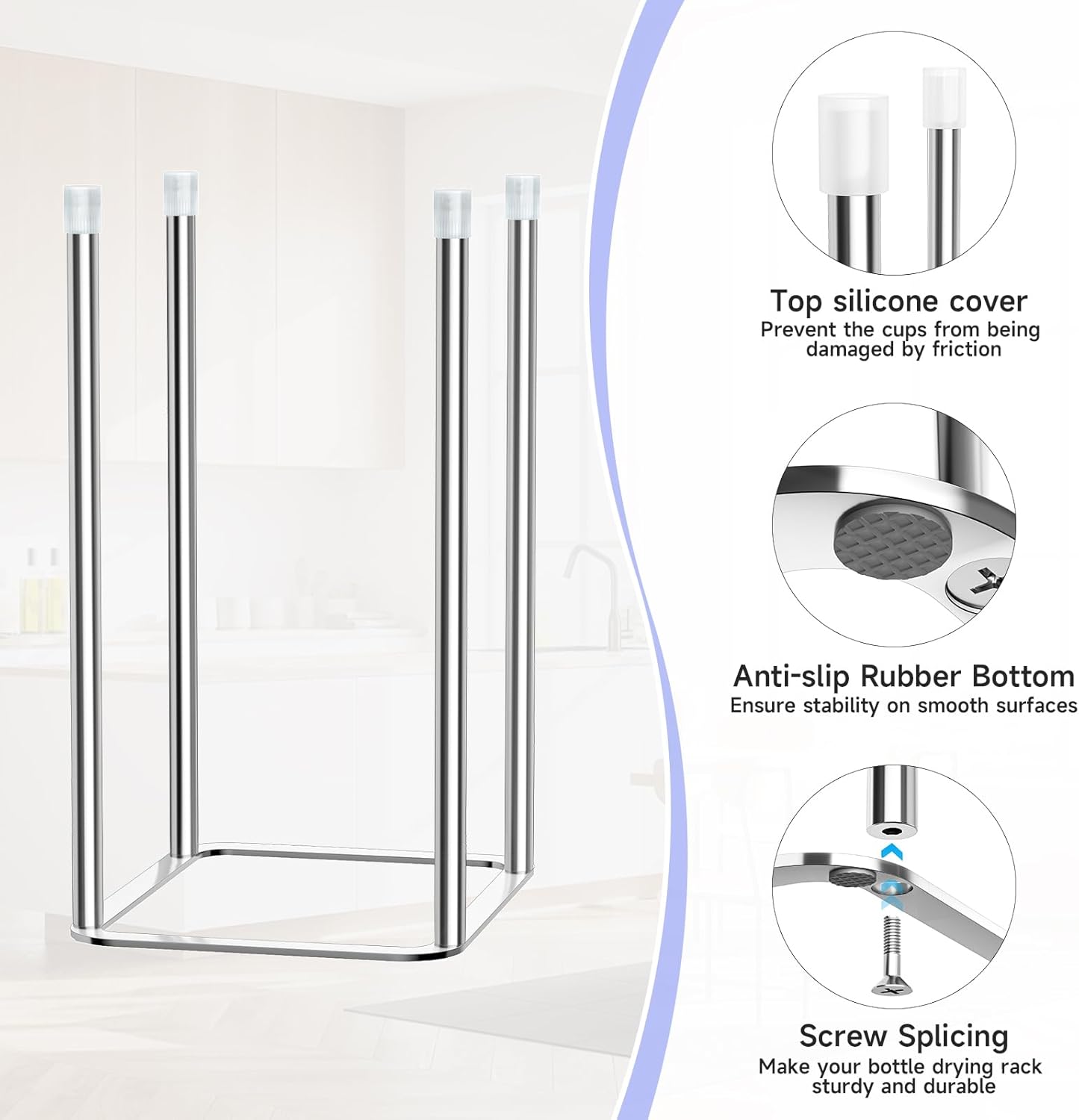 Water Bottle Drying Rack Reusable Bottle Rack Dryer Kitchen Stand Holder Stainless Steels Countertop Baby Bottle Drying Rack Water Cup Drying Rack for Plastic Bags, Bottles and Cups Silver