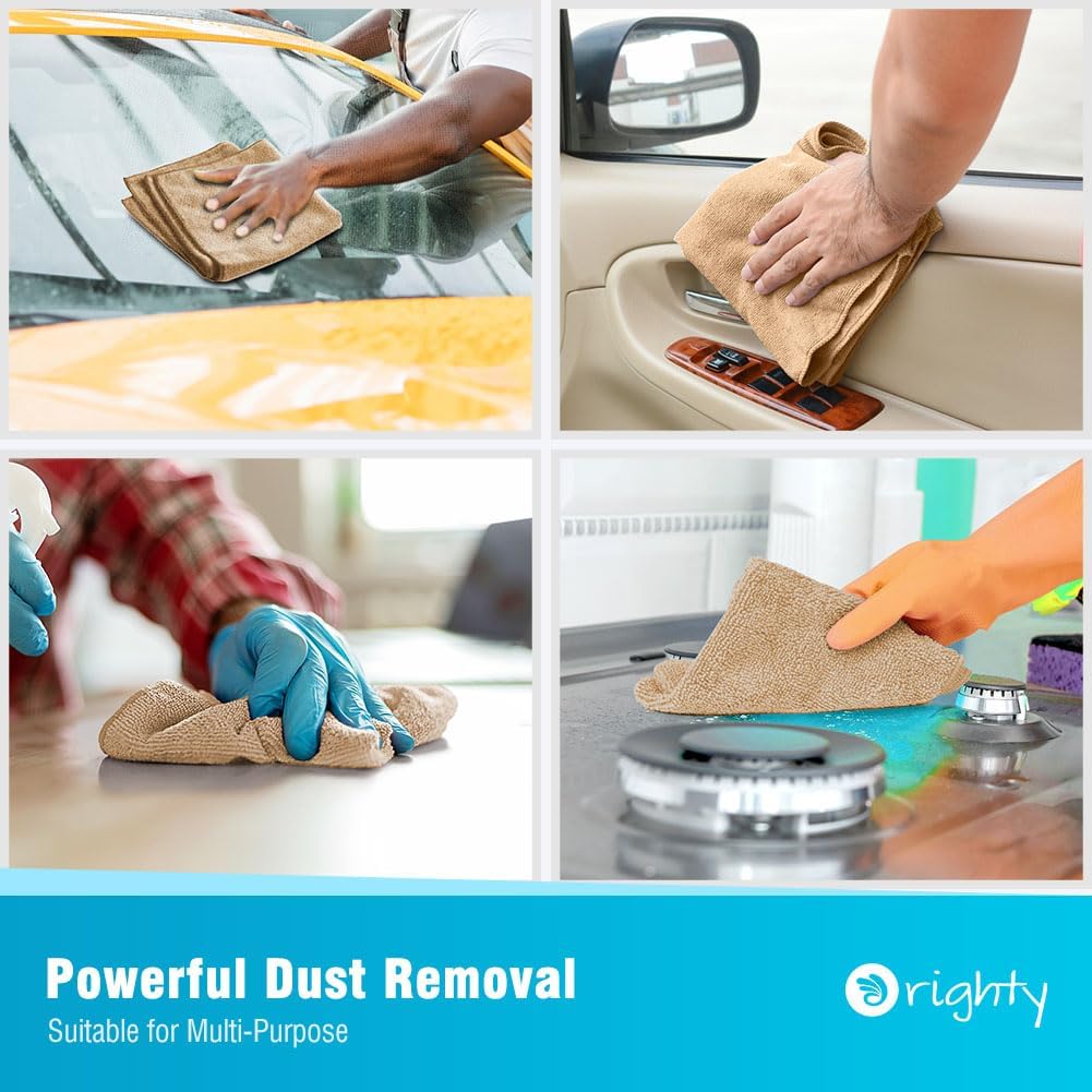 Orighty Microfiber Cleaning Cloth, 12 Pack Microfiber Towels for Cars, Highly Absorbent Car Cleaning Supplies, Lint Free Cloths Clean Rags for Car Care, House, Kitchen, 12x12 inch, Brown