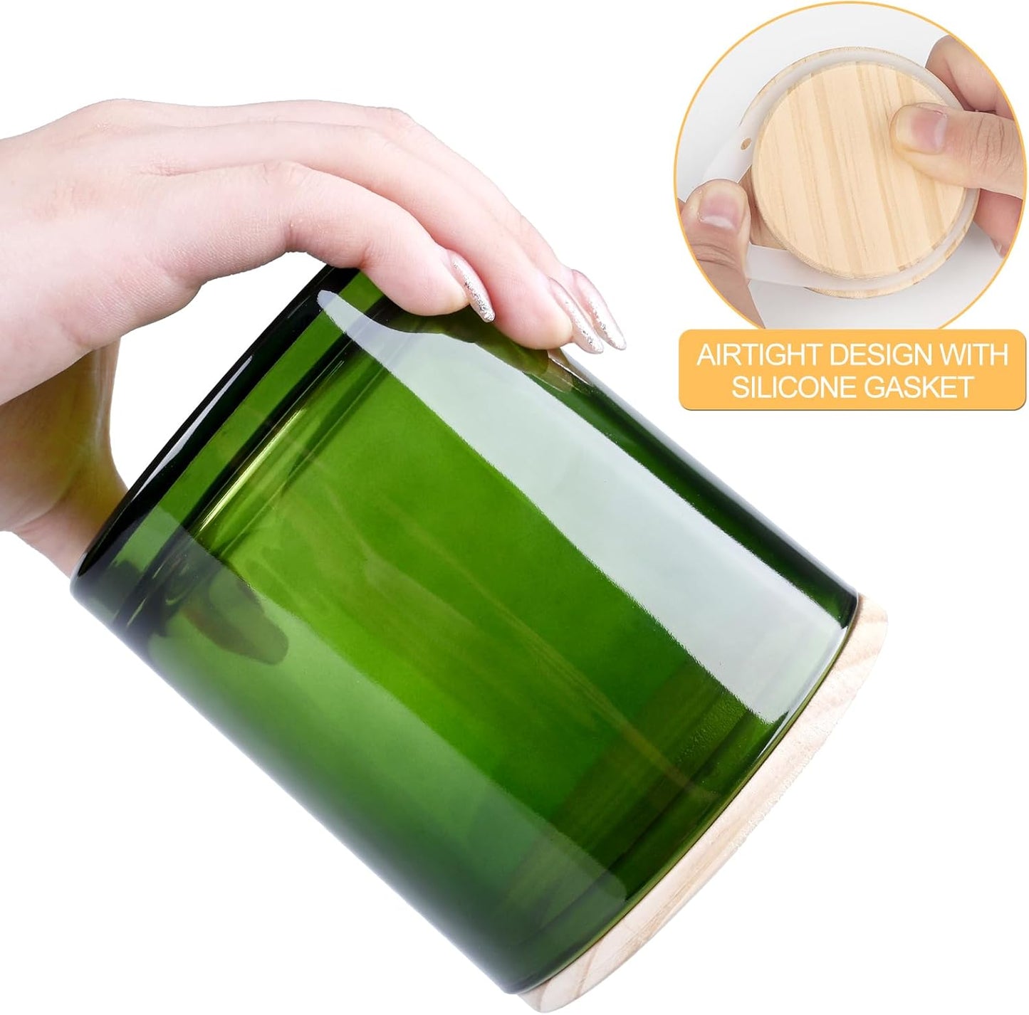 14 OZ Thick Candle Jars for Making Candles 12 Pcs, 3 Wick Empty Jars with Wood Lids for Candle Making, Sample Container,Clear Green