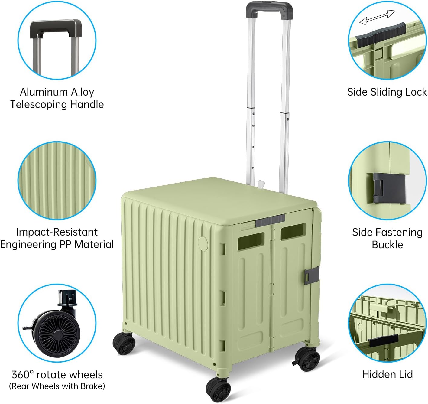 Heavy Duty Rolling Cart for Stairs：Collapsible Utility Crate with Wheels & Handle Foldable Tote Box for Toolbox Trade Show Supplies Teachers TODAYGO Mobile Storage Cart with Lid