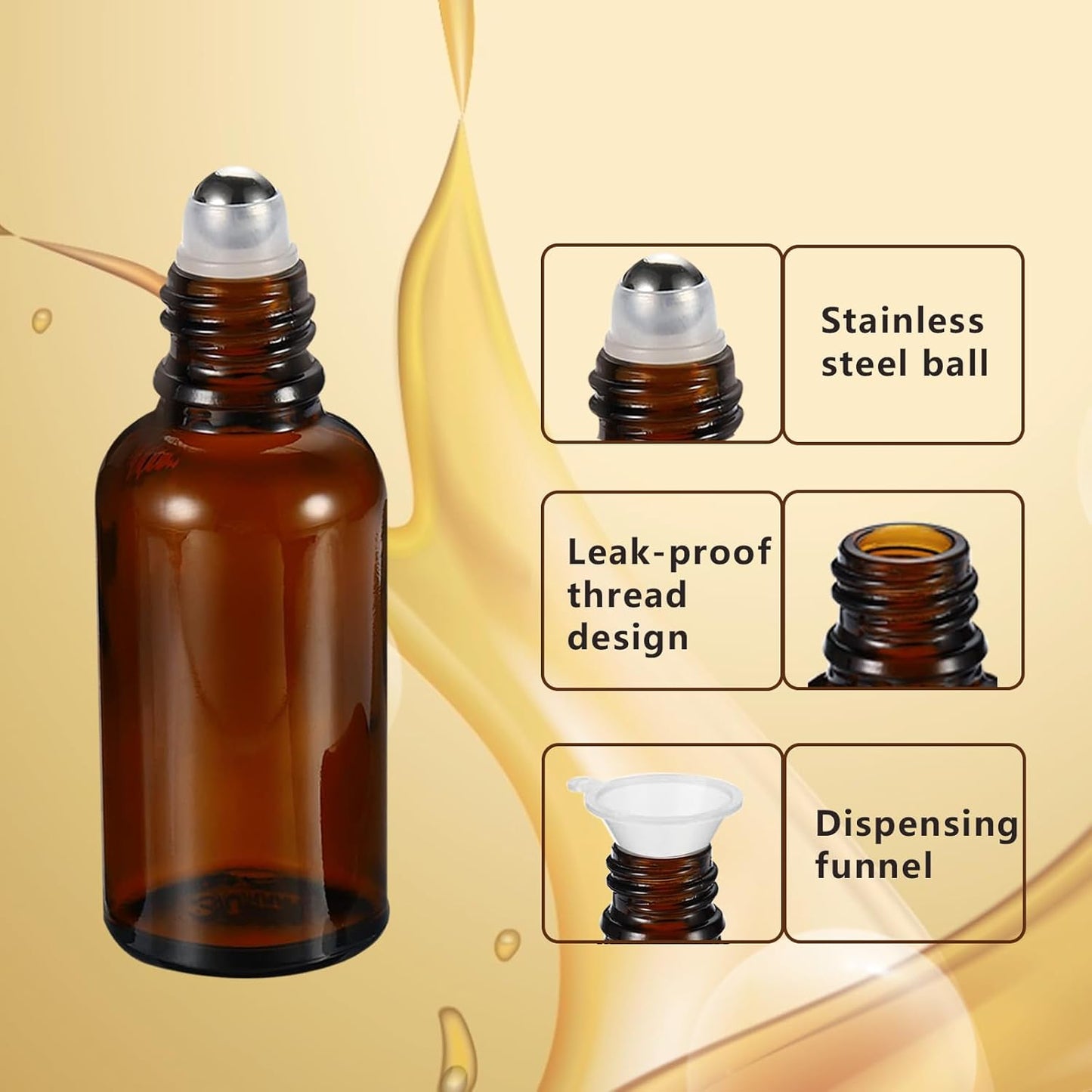10ML Roller Bottles for Essential Oil, 4 Pack Empty Amber Glass Roller Bottle for Perfume Oil, Roll on Bottles with Stainless Steel Roller Balls, Opener, Funnel and Dropper