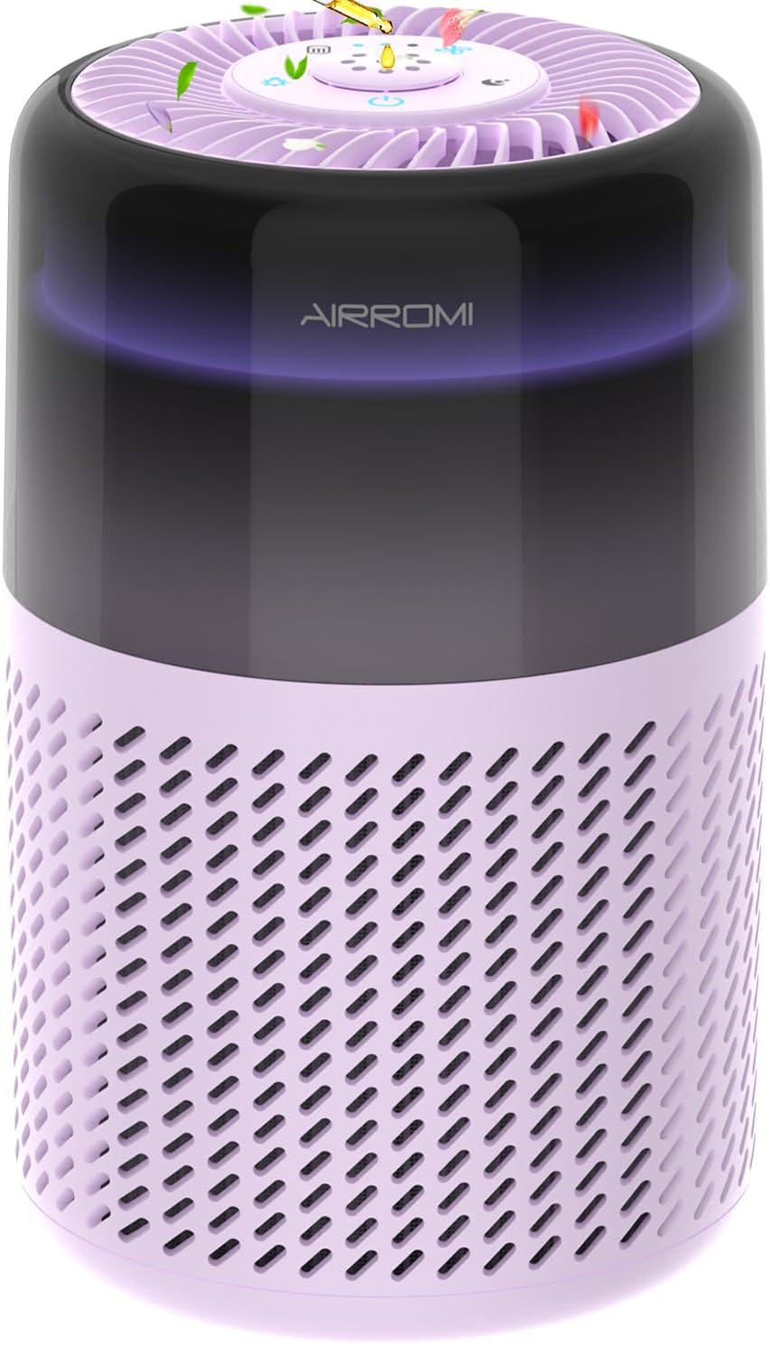 AIRROMI Air Purifier for Bedroom Home,HEPA Filter,Covers Upto 549 Ft²,Quiet 360°intake Air Cleaner with Fragrance ponge for Better Sleep,Night Light,Filters Smoke,Pet Dander,Allergies,Dust,A2005Purple