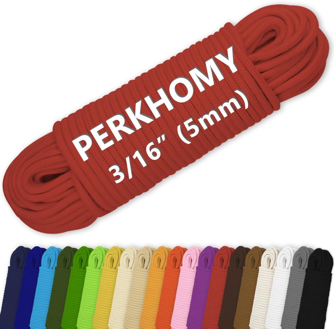 PerkHomy Cotton Rope 3/16" (5mm) 100 ft Multi Purpose Utility Diamond Braided Cord, Natural Cotton for Clothes Line Camping Crafting Flag Pole, Red