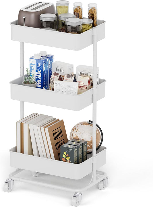 3 Tier Modern Metal Rolling Tool Cart with Silent Casters, 17.72×12.40×35.04 inch Heavy Duty Organization Truck Trolley Organizer for Office, Living Room, Kitchen, (White)