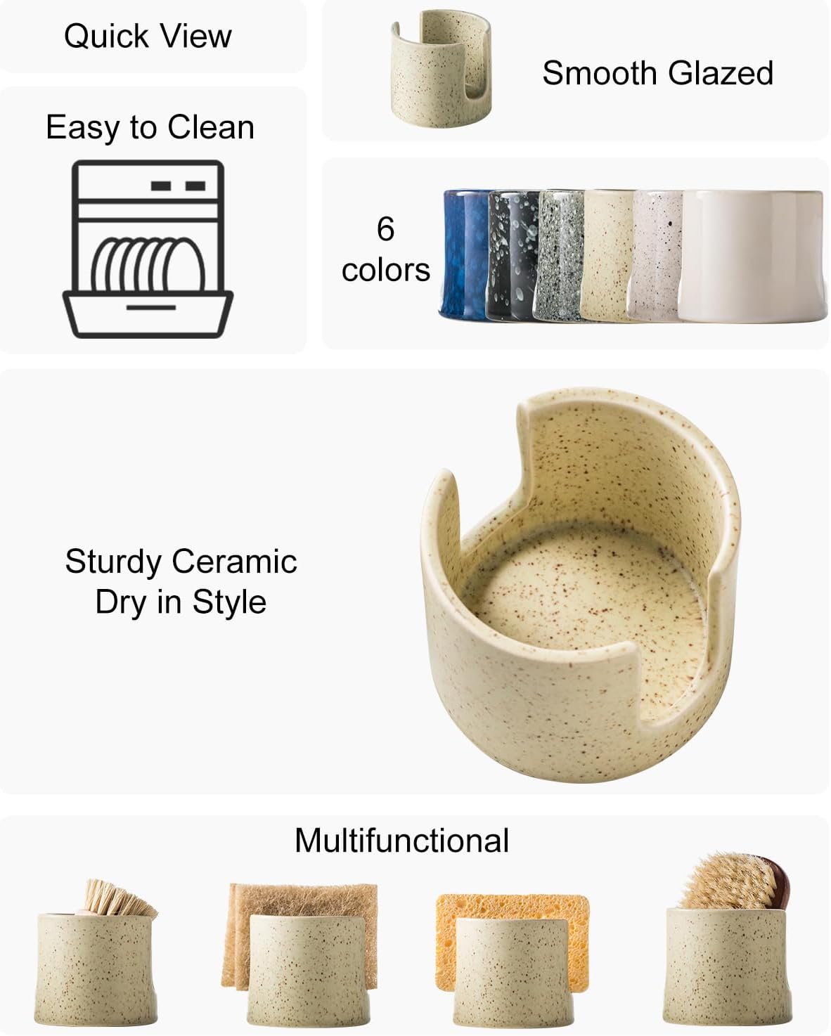 Sponge Holder for Kitchen Sink, Ceramic Dish Sponge Holder Sink Caddy Compact Scrubby Daddy Kitchen Organizer Dish Rcak for Sponges, Scrubbers, Yellow