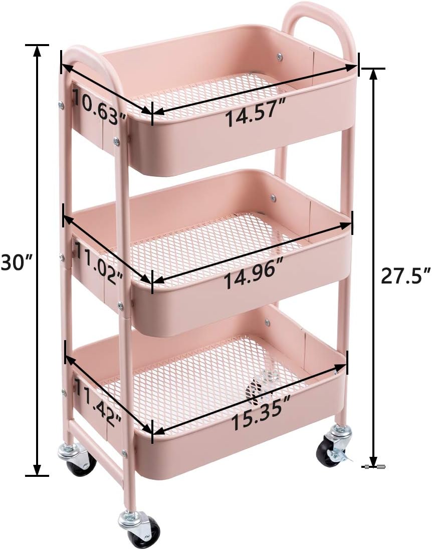 AGTEK Makeup Cart, Movable Rolling Organizer Cart, 3 Tier Metal Utility Cart, Rosiness