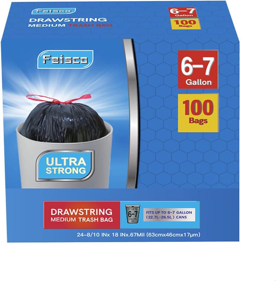 Feisco 6-7 Gallon Black Trash Bag,Medium Drawstring Garbage Bag Trash Can Liner,100 Counts,0.67 Mil
