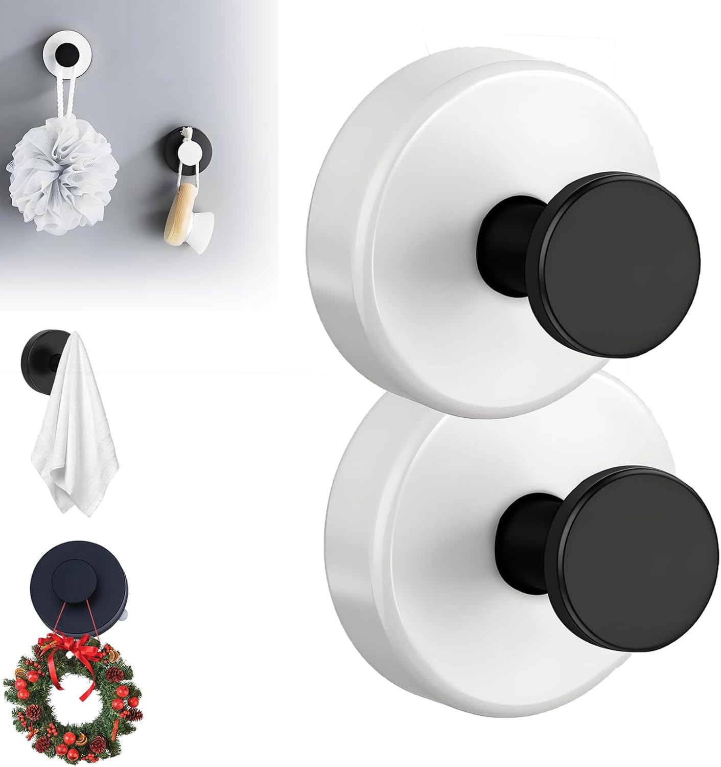 Suction Cup Hooks for Wreaths, 2025 New No Drill Suction Cup Hooks on Glass, Wreath Hanger for Front Door, Rustproof Hook Holder Towel Hook for Window Bathroom Mirrors Tile (2, White A)