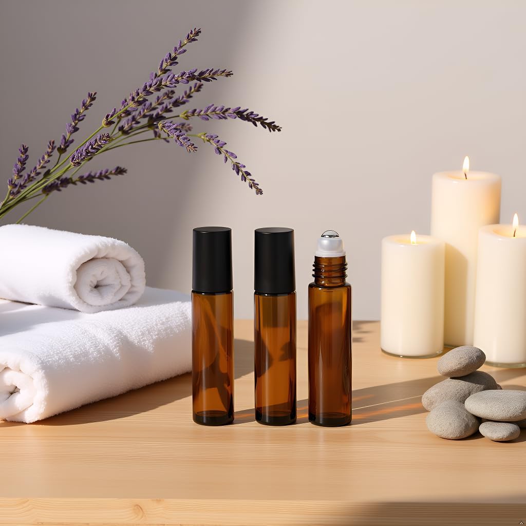 4 Pack 10ml Oil Essential Stainless Roller Bottles, Refillable Amber Glass Roller Bottles for Travel, Perfume and Lip Gloss with Steel Roller Balls and Caps