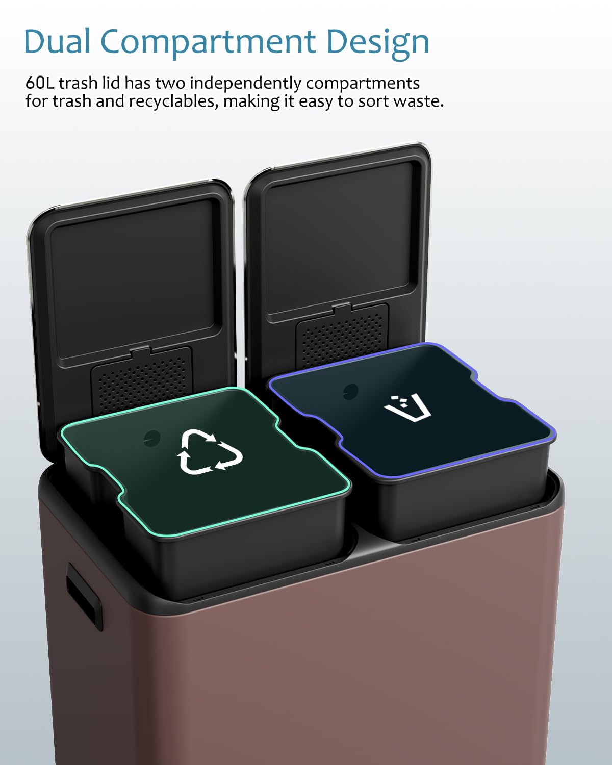 16 Gal (2 x 30 L) Dual Trash Can, Stainless Steel Kitchen Garbage Bin, Recycle Dustbin with Odor Control Box, Soft-Close Lid, Inner Buckets, Side Handle, Step Pedal, for Home Office