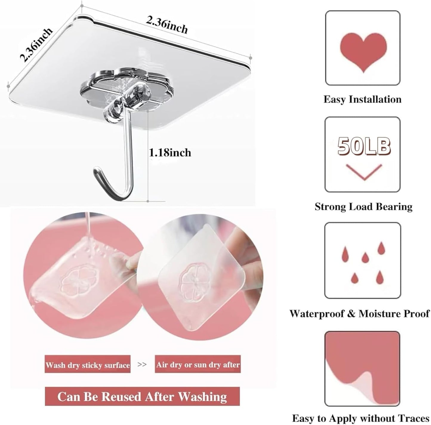 DDMY Hooks for Hanging, 50 Pack Wall Hooks 50lb(Max) Transparent Reusable Waterproof Adhesive Hook for Kitchen Curtain, Towel Hook for Bathrooms, Heavy Duty Self Coat Hook for Walls No Damage