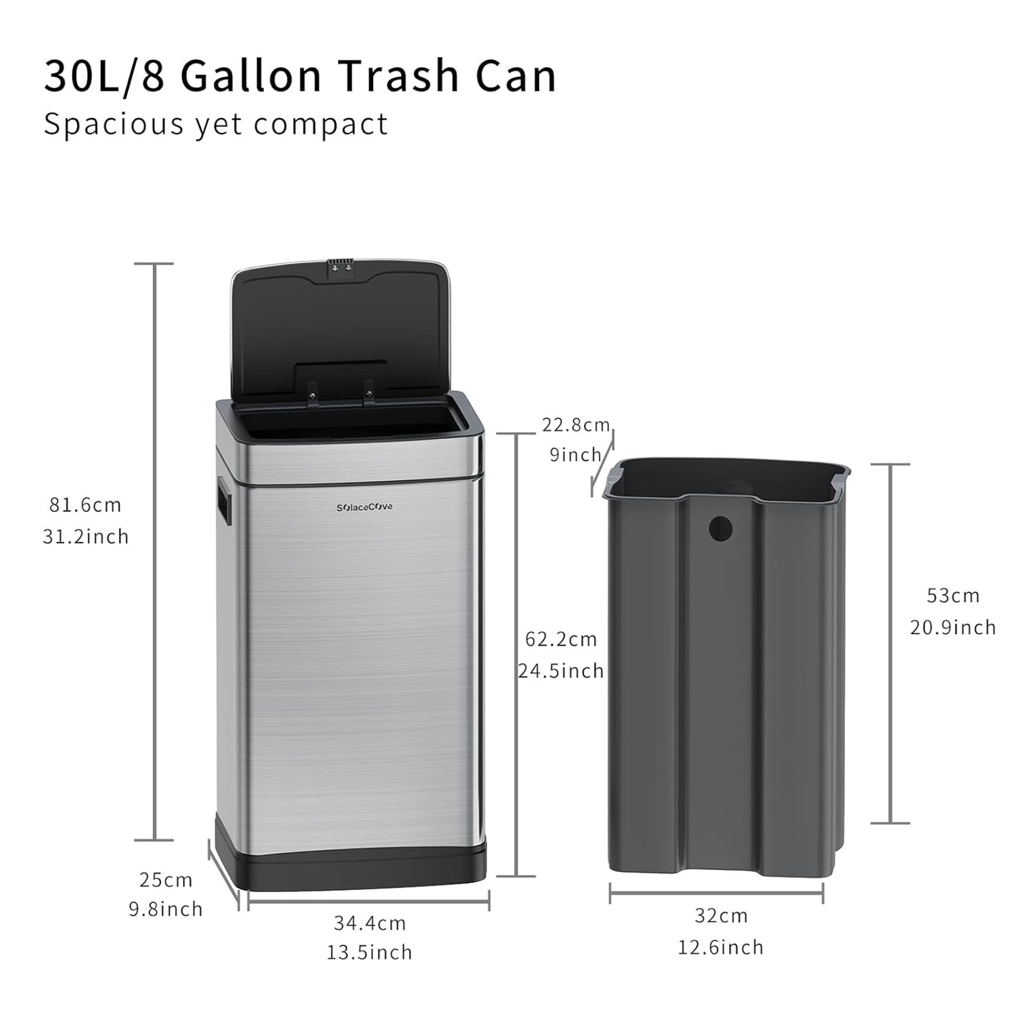 8 Gallon Stainless Steel Garbage Can with Removable Inner Bucket,30L Kitchen Trash Can with Press Top Lid(Brushed Gray)
