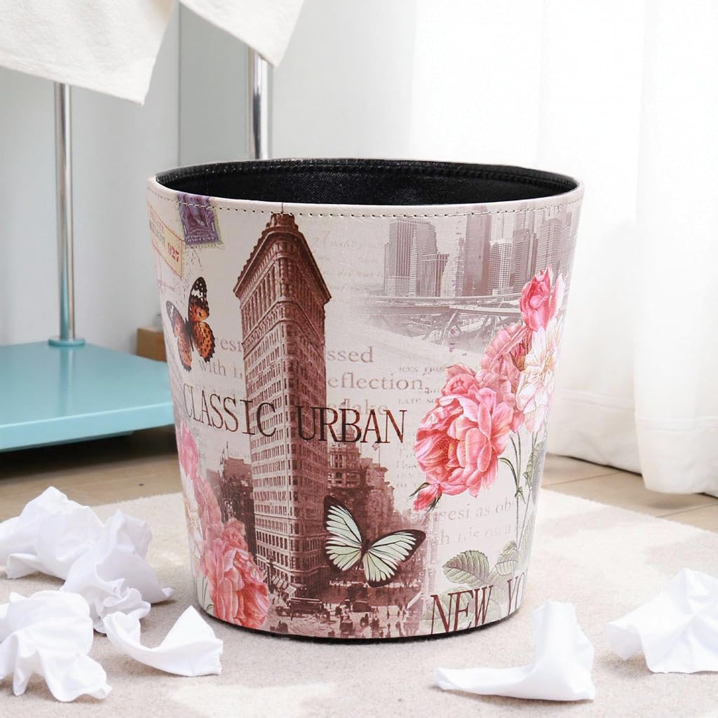 PU Leather Small Trash Can Wastebasket, Round Garbage Container Basket for Bathrooms, Laundry Room, Kitchens, Offices, Kids Rooms, Bedrooms,Dorms,Home Decorative Art Bin, 2.9 Gallon(Classic Urban)