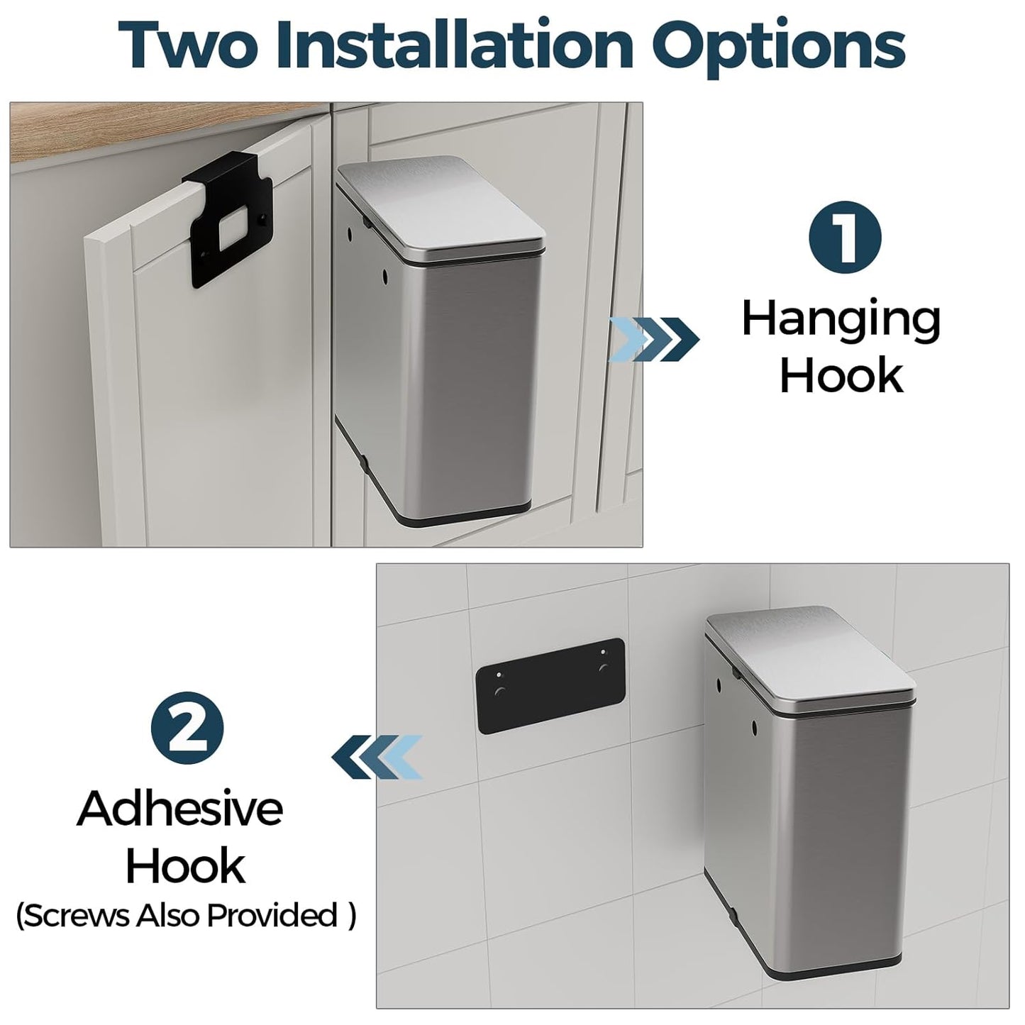 Stainless Steel Hanging Trash Can with Lid and Inner Bucket, 2 Gallon Kitchen Compost Bin for Counter Top, Under Sink or Wall Mount, Small Garbage Can for Cupboard/Bathroom/Bedroom/RV