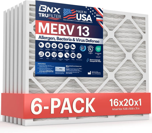 BNX TruFilter 16x20x1 Air Filter MERV 13 (6-Pack) - MADE IN USA - Electrostatic Pleated Air Conditioner HVAC AC Furnace Filters for Allergies, Pollen, Mold, Bacteria, Smoke, Allergen, MPR 1900 FPR 10