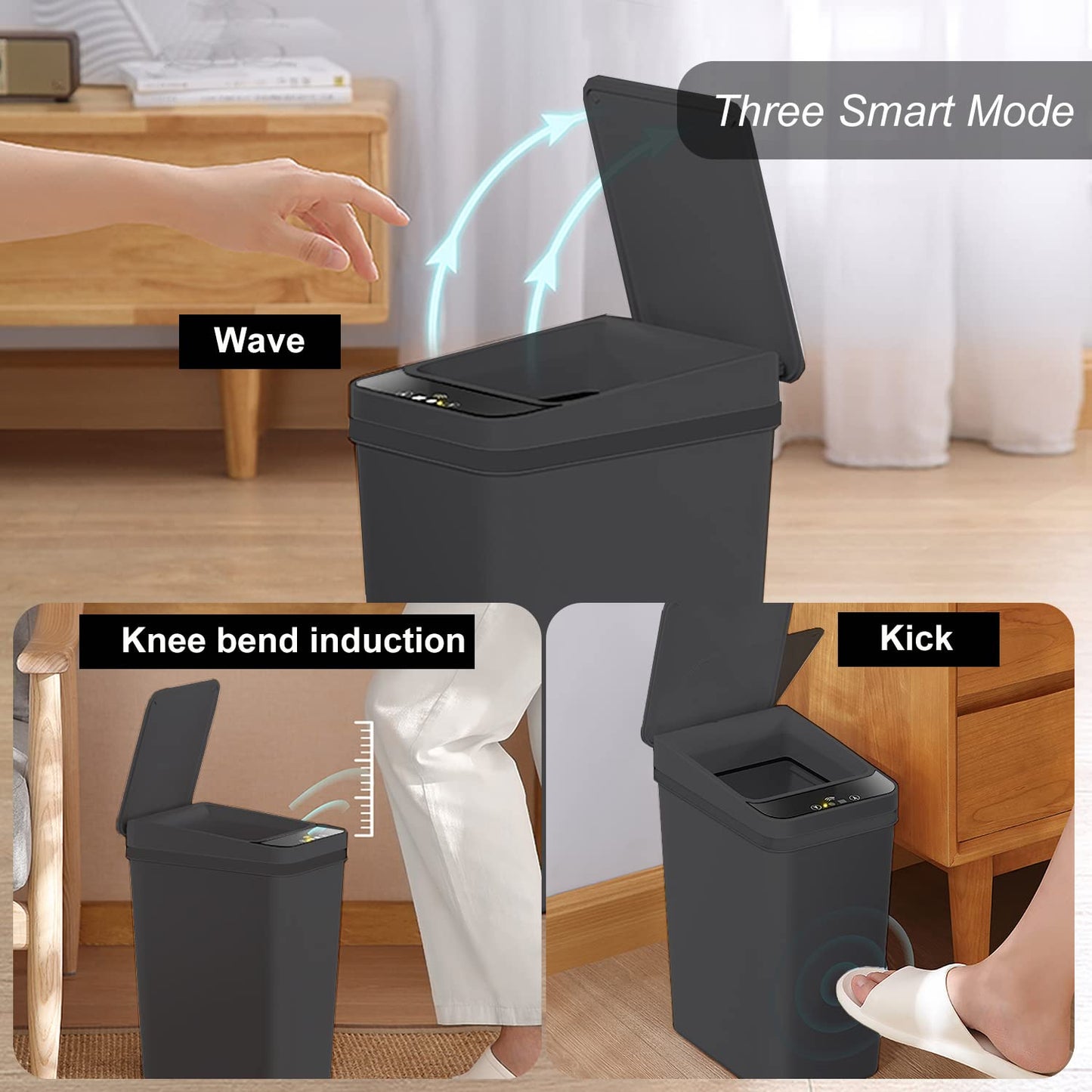 Yatmung 2 Pack - Skinny Trash Bin Sensor Motion 2.5 Gallon Touchless Bathroom Trash Can - Smart Trash Can with Lid - Electric, Narrow, Plastic, Auto Open - Small Slim Automatic Garbage Can (Black)