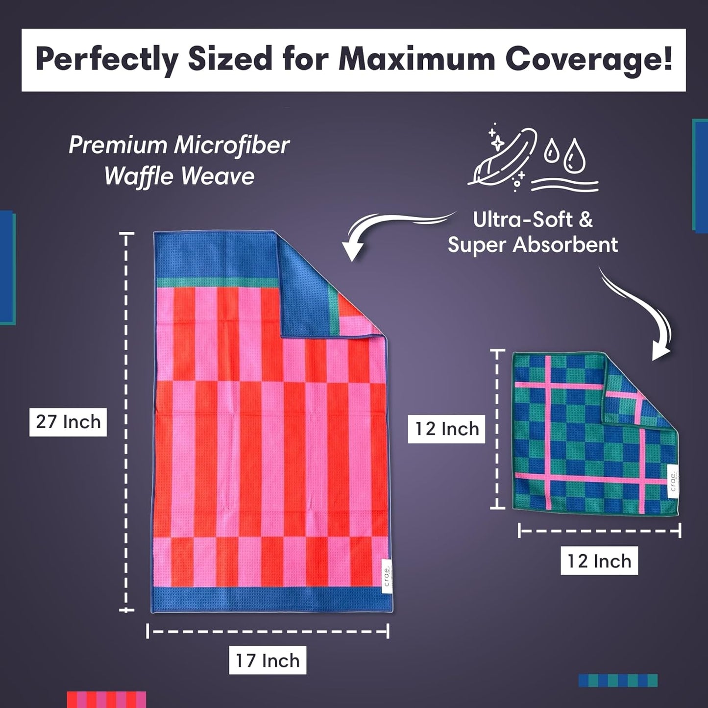 Microfiber Hand Towel & Washcloth Set of 2 - Double-Sided, Waffle Weave, Super Absorbent, Lint-Free, Fast Drying - Stars & Stripes Pattern for Bathroom, Kitchen, Car, and Window Cleaning