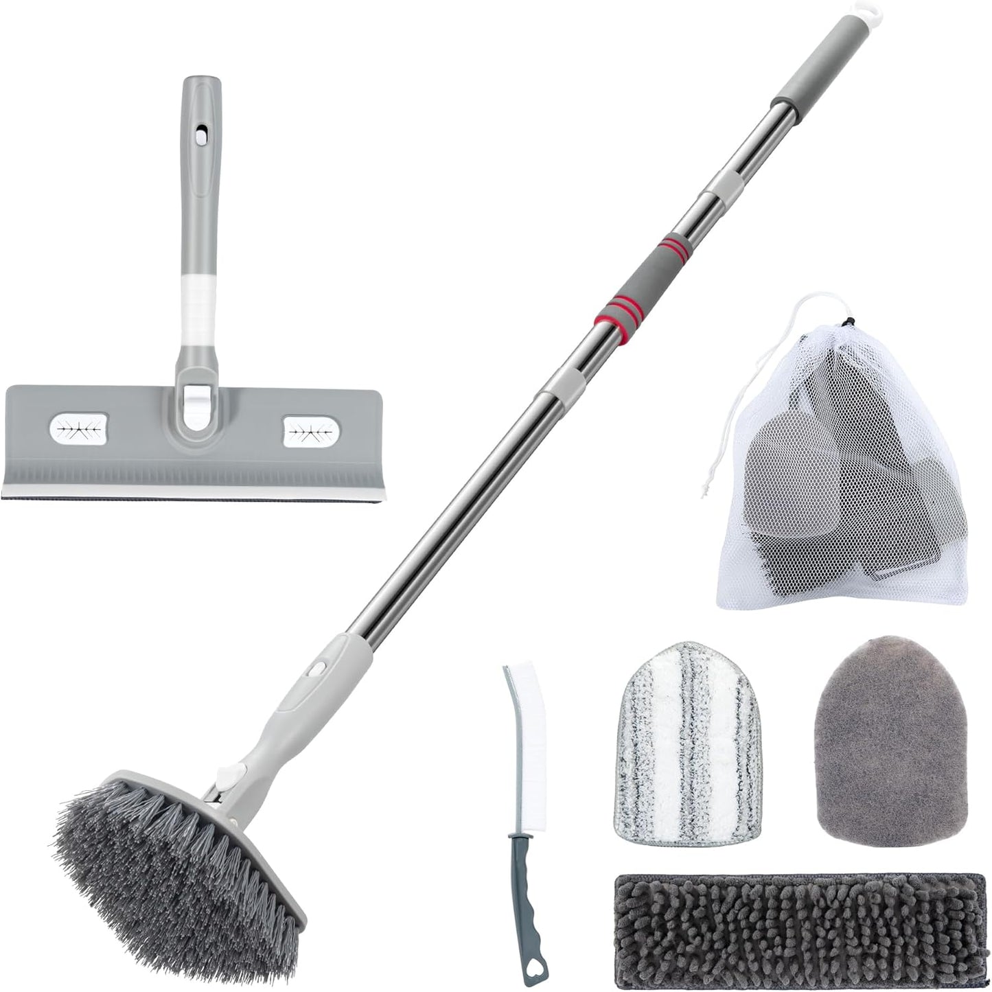 Tile Tub Floor Cleaner Scrubber With Long Handle - 5-in-1 Shower Brush Set for Bathroom, Kitchen, Walls, Sink - Includes Window Scraper and 3 Detachable No Scratch Heads