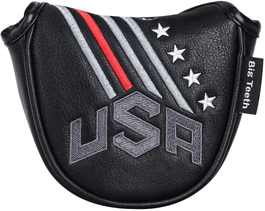 Big Teeth Golf Cover USA Stripe and Star Headcover Covers, Driver Fairway Wood Hybrid Headcovers Fits Blade Mallet Putter Iron and Woods with Magnetic Club Protector Pu Leather Golf Accessories