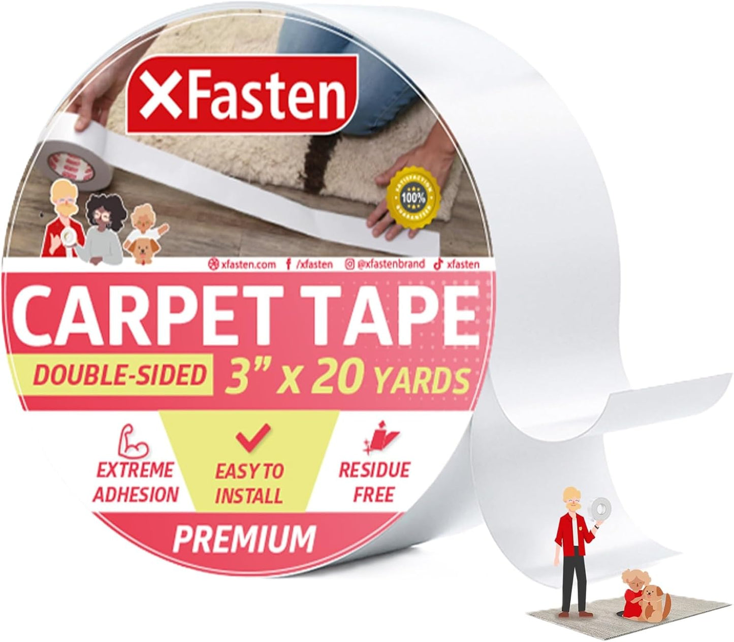 XFasten Double Sided Carpet Tape for Area Rugs, 3 Inch x 20 Yards – Heavy Duty Anti Slip Rug Grip Tape, Works as Rug Gripper, Residue Free, Wood Safe, Easy Removal for Hardwood and Laminate Floor