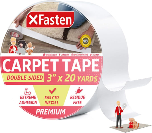 XFasten Double Sided Carpet Tape for Area Rugs, 3 Inch x 20 Yards – Heavy Duty Anti Slip Rug Grip Tape, Works as Rug Gripper, Residue Free, Wood Safe, Easy Removal for Hardwood and Laminate Floor