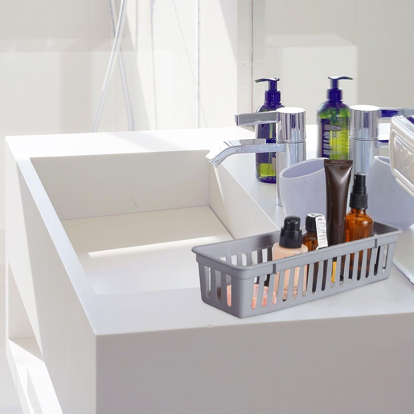 Domensi 12 Pack Slim Plastic Storage Baskets Tray for Organizing 10.25 x 3.25 x 2.5 Inch Small Narrow Storage Bins Stackable Drawer Pencil Trays Holder for Desk Garage Cabinet Containers(Gray)