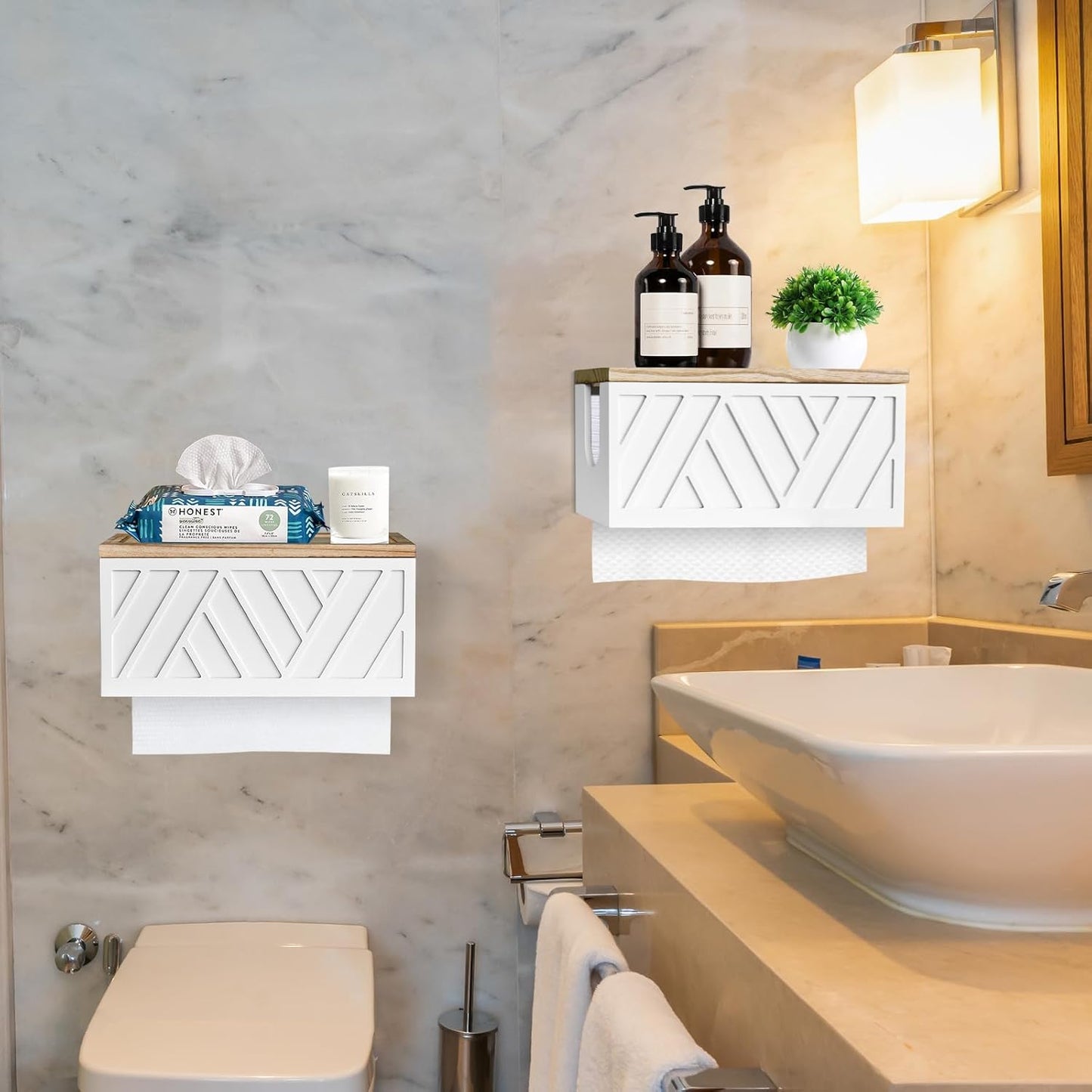 Set of 2 Paper Towel Dispenser Wall Mount, Paper Towel Holder Wall Mounted with Lid, Solid Wood Commercial C-Fold, Z-Fold, Trifold Hand Paper Towel Holder Hand Towel Holder for Bathroom Kitchen Decor