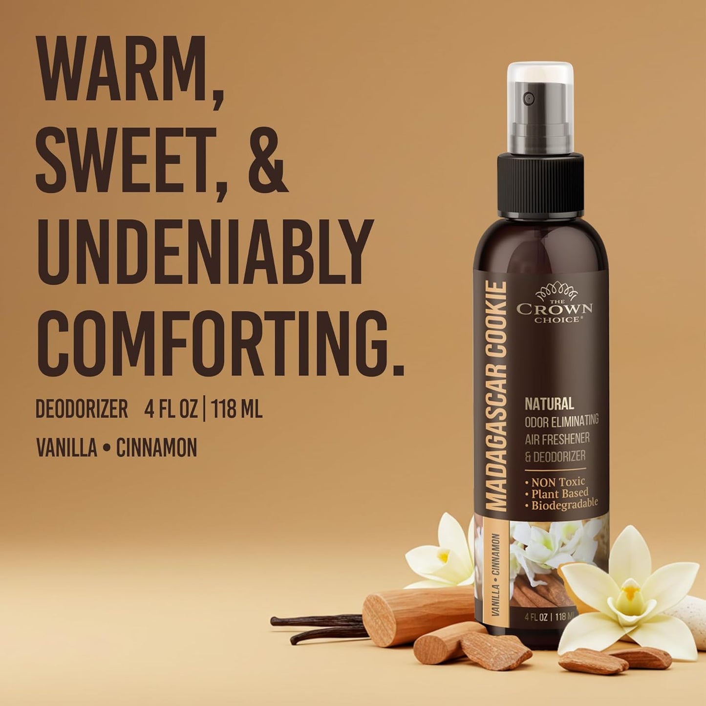 Non-Toxic Odor Eliminator, Natural Vanilla & Cinnamon Air Freshener Spray for Home, Room, Closet & Couch Deodorizer, Long Lasting Bathroom & Toilet Freshener, Safe for Kids & Pets - 4 oz Pack of 1