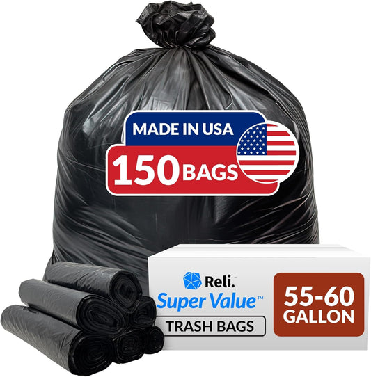 Reli. 55-60 Gallon Trash Bags Heavy Duty | 150 Count | 50-60 Gallon | Large Black Garbage Bags | Made in USA
