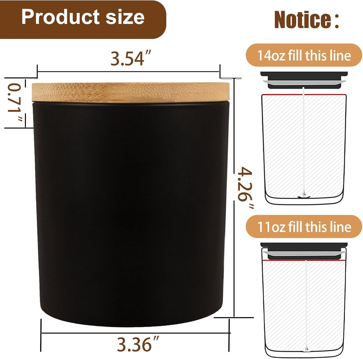 CONNOO 8 Pack 14 OZ Empty Black Glass Candle Jars for Making Candles with Bamboo Lids and Sticky Labels, Bulk Candle Jars for Making Candles - Spice, Powder Containers.