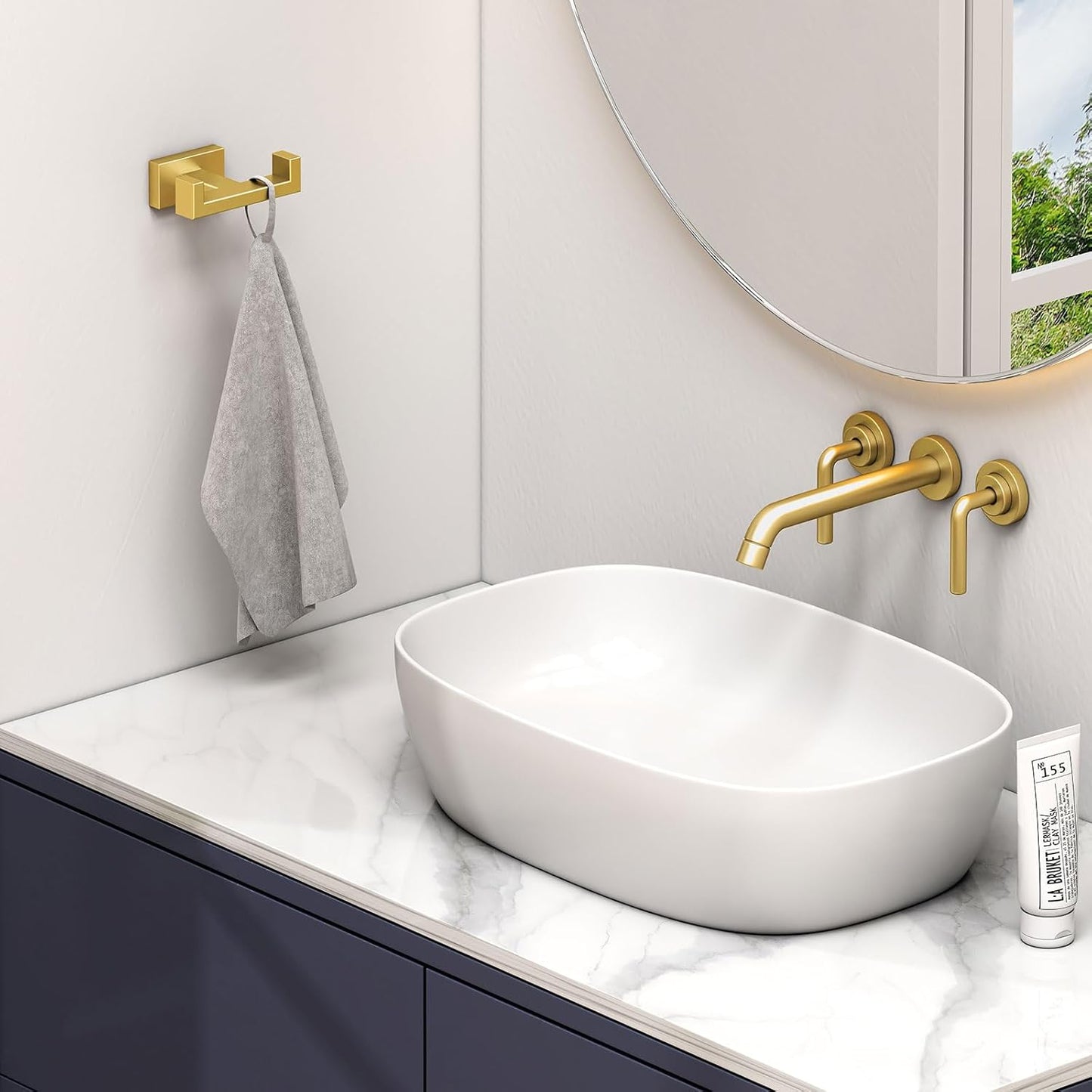 Angle Simple Towel Hook for Bathroom, SUS 304 Stainless Steel Hand Towel Holder, Double Robe Coat Hook for Wall, Brushed Gold