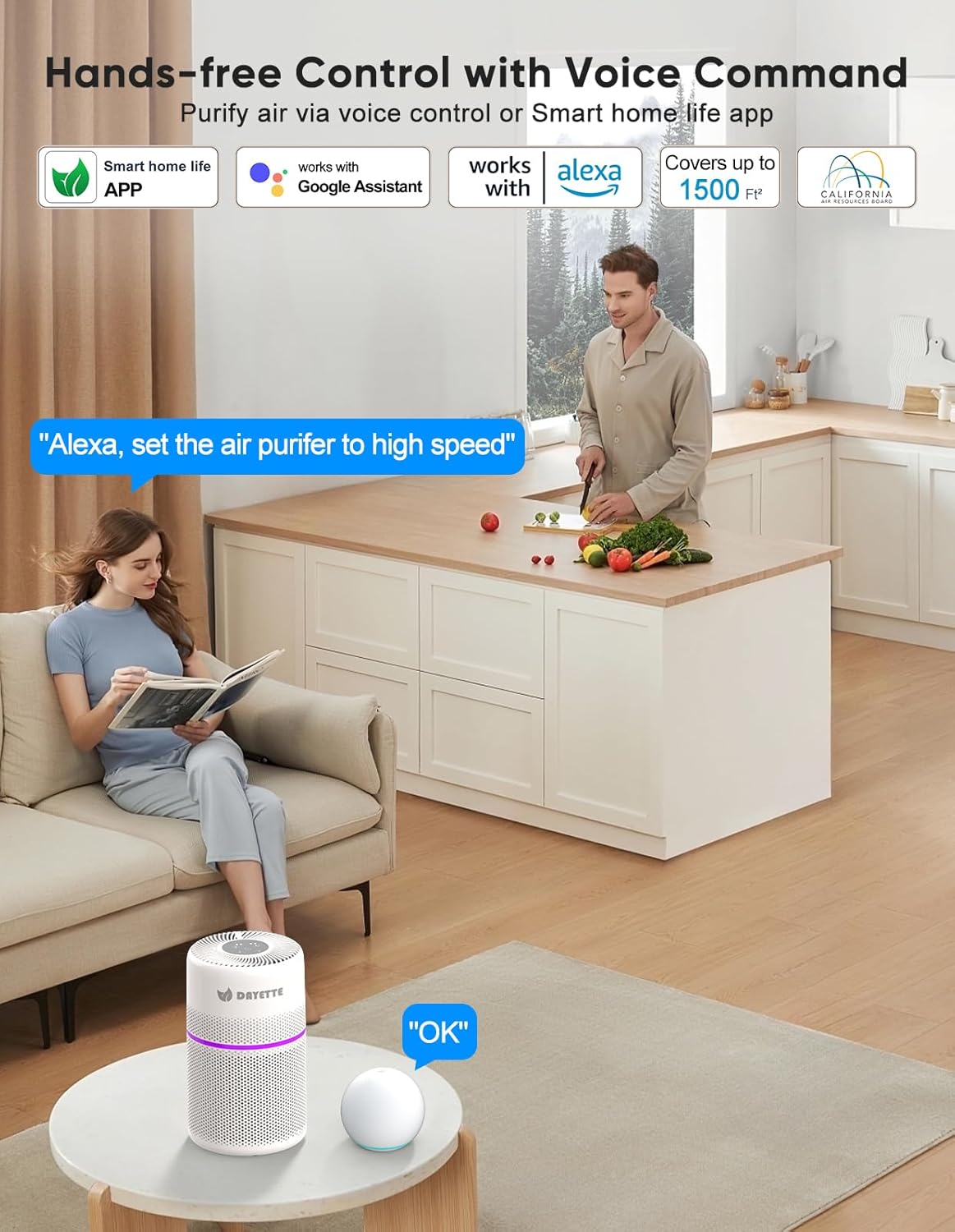 Smart Air Purifiers for Bedroom, DAYETTE 7 Color Light H13 Air Purifier for Home Large Room Up to 1500 Ft², APP Control & 20 dB Sleep Mode 2/4/8 Timer