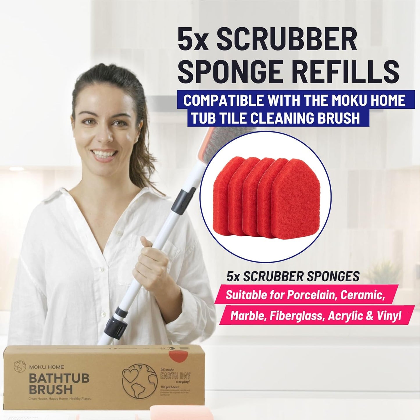 Replacement Scrubber Refill for Moku Home Extendable Tub Tile Shower Brush for Cleaning Non-Scratch (5X Scrubber Sponge Red)