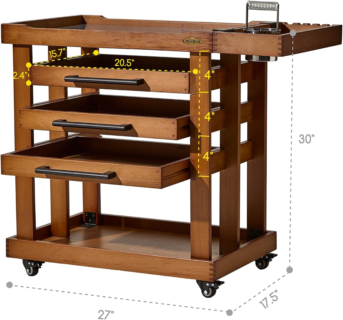 MEEDEN Art Supplies Storage Cart: 5-Tier Solid Beech Wood Utility Rolling Cart with 3 Drawers - Craft Orgnizer on 4 Wheels - Walnut Color