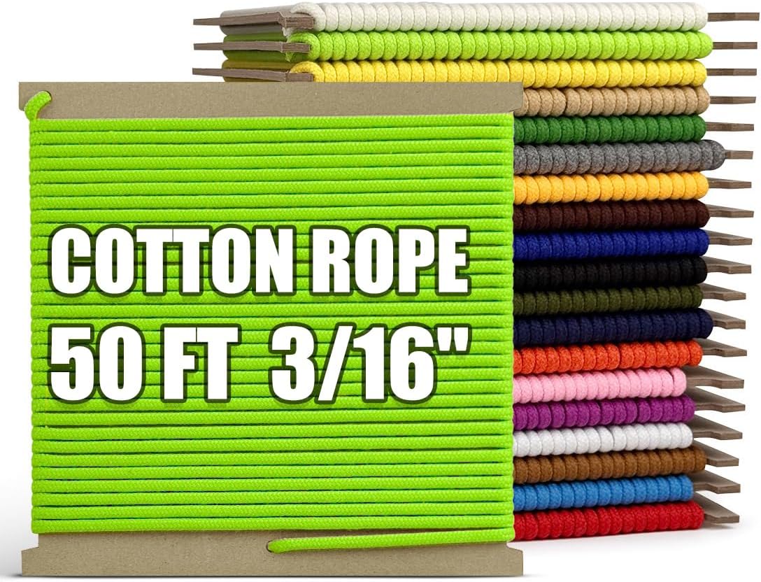 PerkHomy 500lb Cotton Rope 3/16" (5mm) 50 ft Multi Purpose Utility Diamond Braided Cord, Natural Cotton for Clothes Line Camping Crafting Flag Pole, Light Green