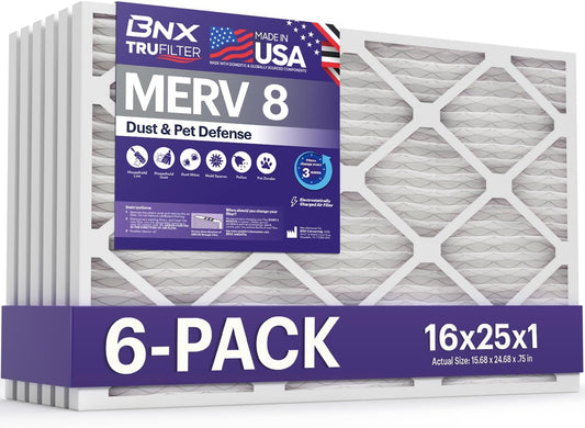 BNX TruFilter 16x25x1 Air Filter MERV 8 (6-Pack) - MADE IN USA – Dust & Pet Defense Electrostatic Pleated Air Conditioner HVAC AC Furnace Filters for Dust, Pet, Mold, Pollen MPR 600 – 700 & FPR 5