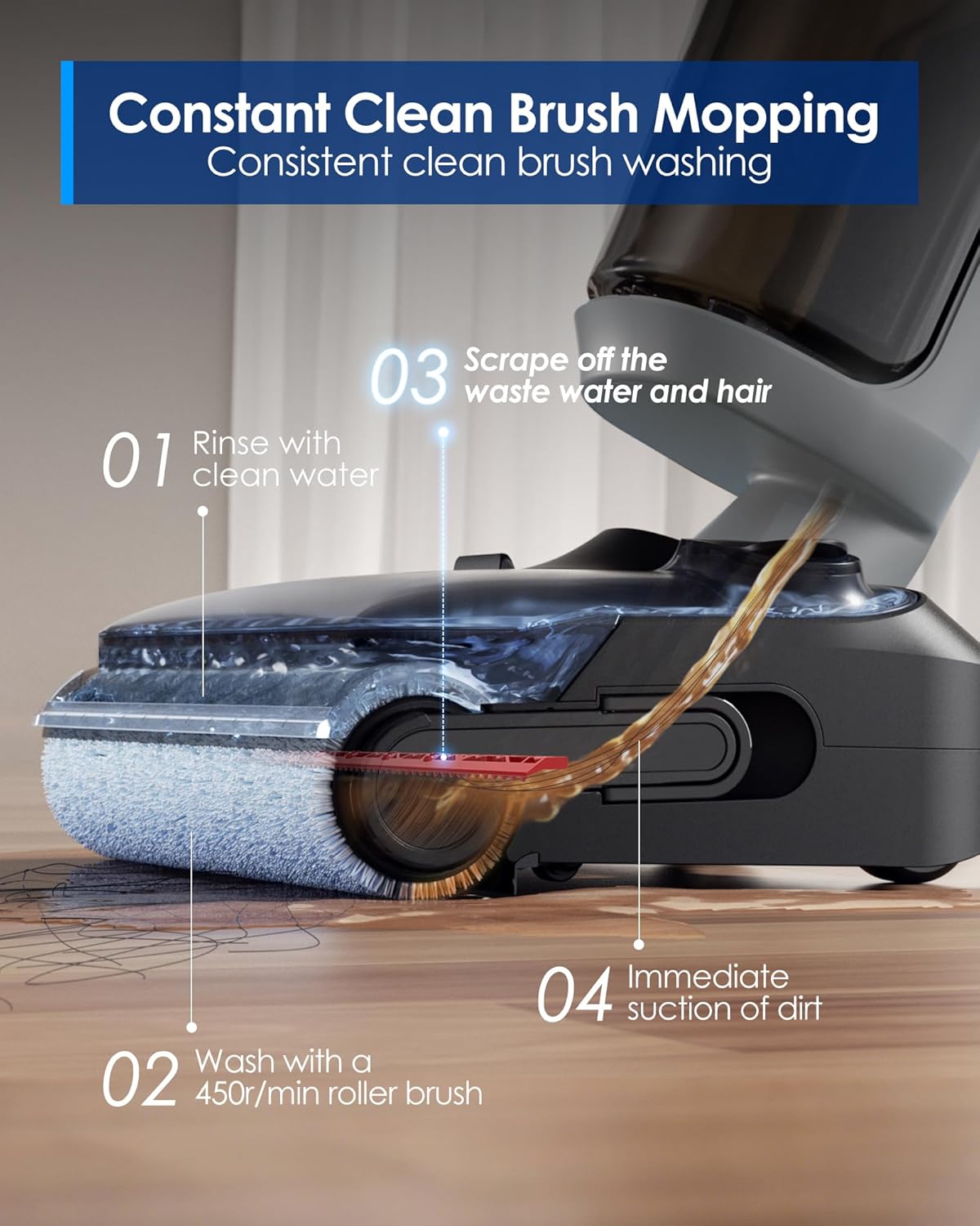 Tineco Floor ONE i5 Stretch Wet Dry Vacuum Cleaner, Vacuum & Mop in One Step, 20kpa Powerful Suction, 180° Lay-Flat Design, Anti-Tangle Design, Dual-Sided Edge Cleaning, Up to 30* Minutes Runtime