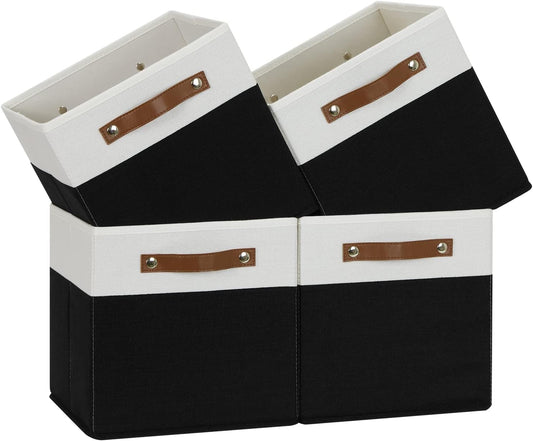 Temary 11 inch Cube Storage Bin 4 Pack Fabric Storage Cubes for Home, Fabric Storage Bin Storage Cube Bins with Leather Handles(White&Black)