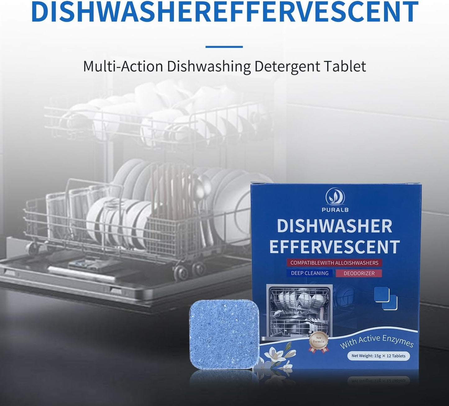 Dishwasher Cleaner Tablets - 24 Tabs (2x12 Pack), 1-Year Supply Heavy Duty Deodorizer Tabs for Deep Cleaning, Descaler Pods Remove Limescale & Grease, Septic Safe for All Dishwasher Brands - Puralb