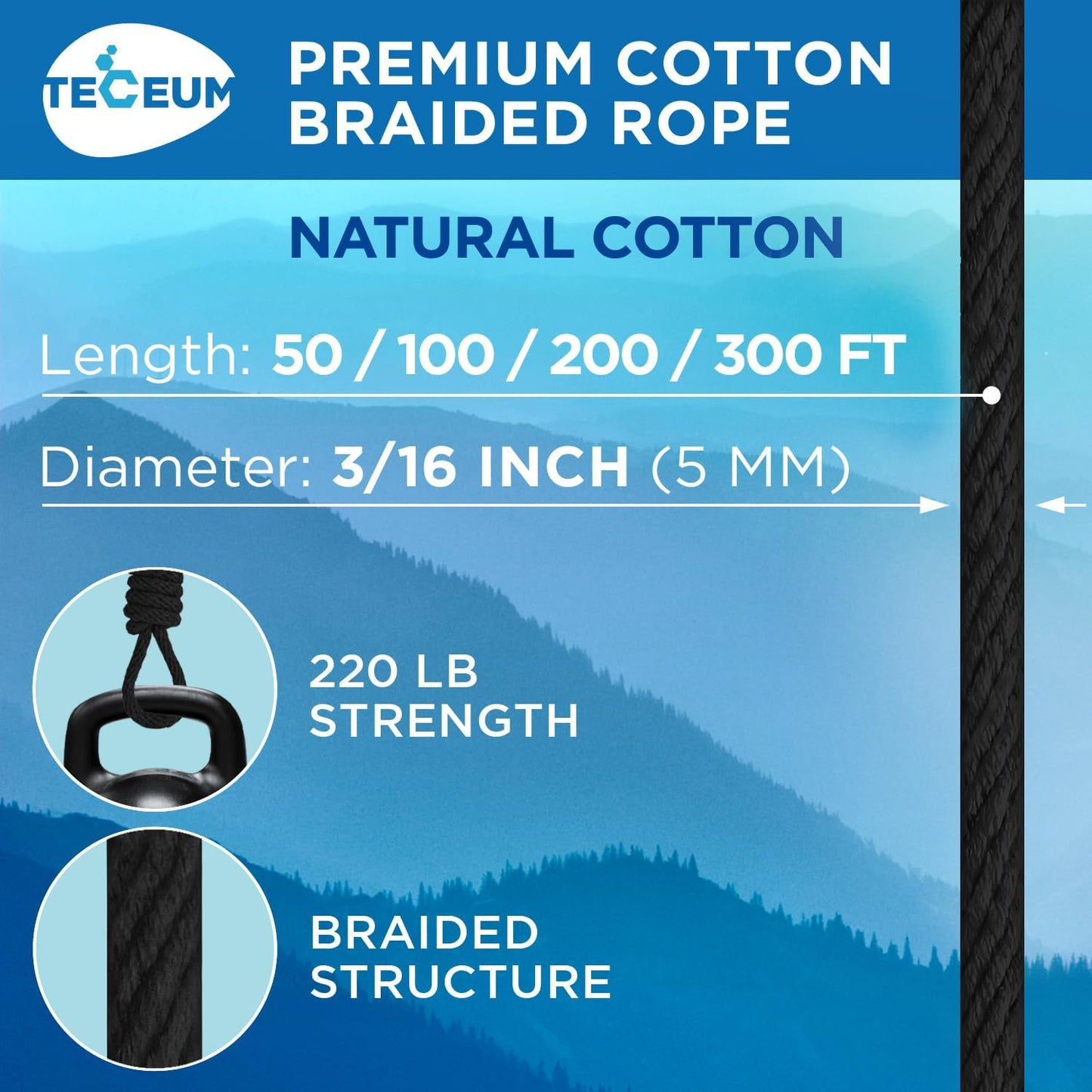 TECEUM Cotton Rope 3/16” (5 mm) – 100 FT – Strong All-Purpose Braided Rope – Natural Cotton – for Crafting, Сamping, Clothes Line, DIY, Indoor & Outdoor Use – Black
