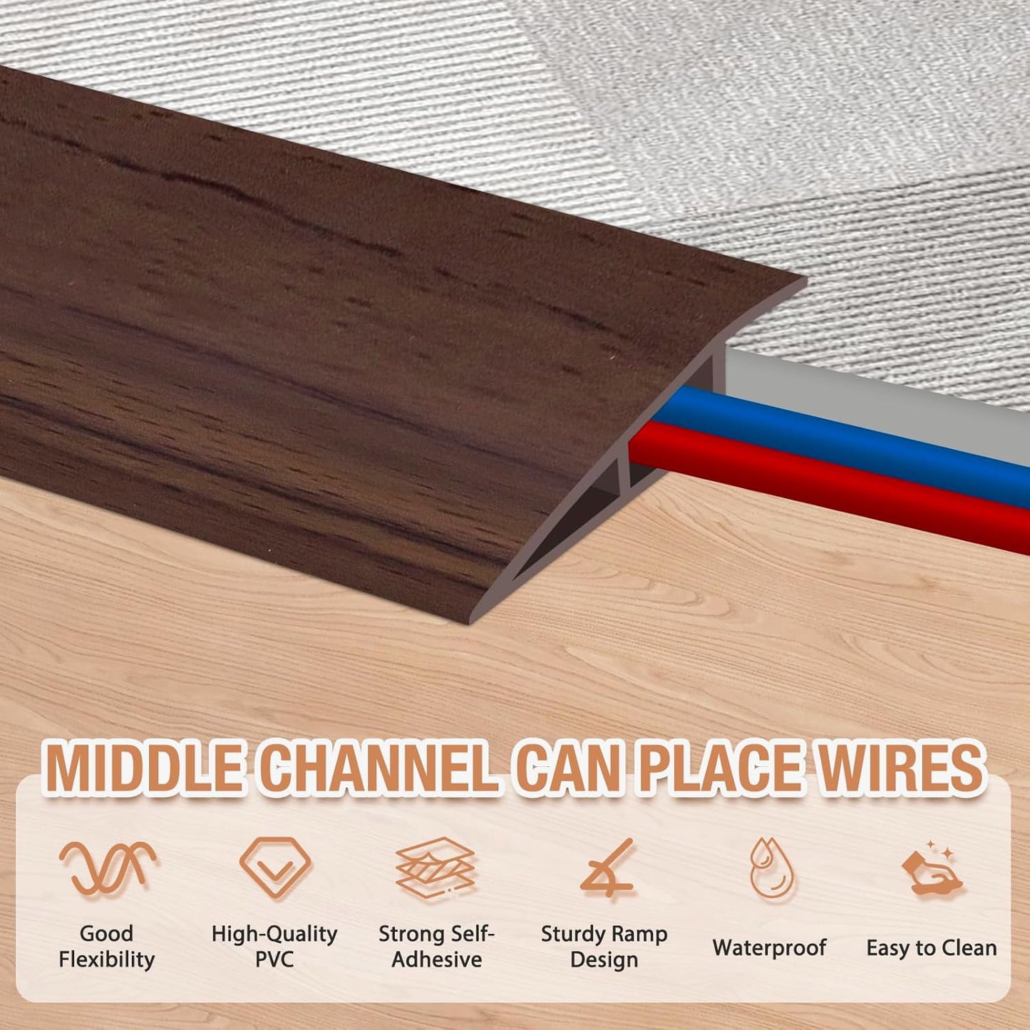 Floor Transition Strip Self Adhesive Vinyl Door Threshold for Doorways Carpet Edging Trim Overlap Edge Reducer for Laminate Floor, Carpet, Tile (Deep Brown Wood Grain, 3/5" to 4/5", 6.6Ft)